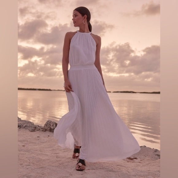 slim fit dress slacks TROPICAL BRAIDED TRIM HALTER DRESS